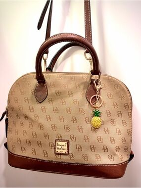 Dooney & Bourke Tan and Brown Signature Satchel with Pineapple Charm